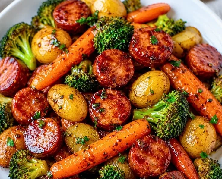 One-Pan Honey Garlic Kielbasa with colorful veggies in a skillet