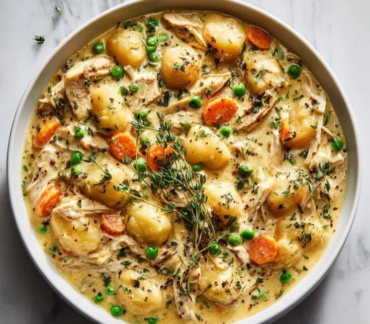 One pot gnocchi chicken pot pie served in a bowl, garnished and hot.