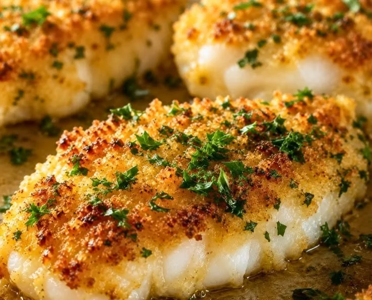 Parmesan Crusted Tilapia dish garnished with herbs