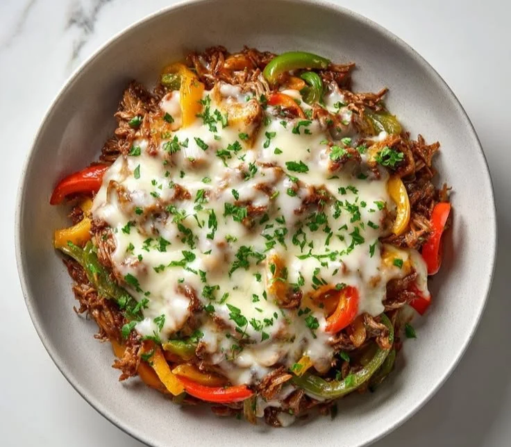 Delicious Philly Cheesesteak Bowls loaded with savory ingredients served in a cozy dish.
