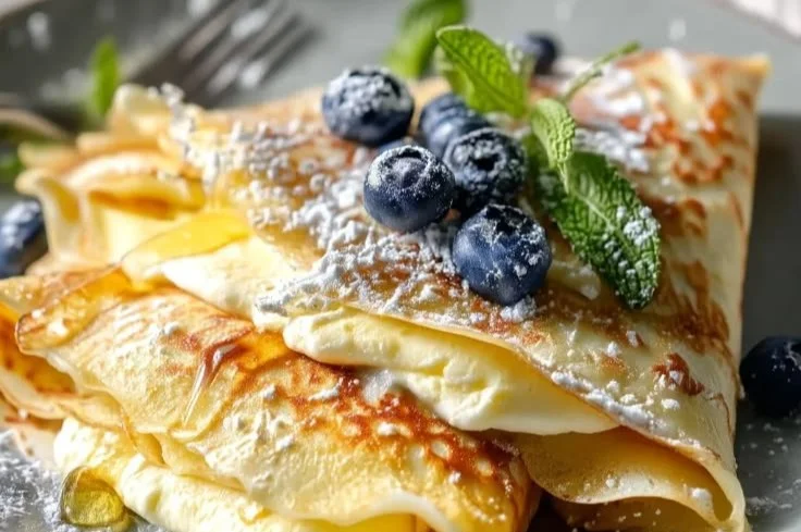 Delicious protein crepes filled with fruits and topped with honey