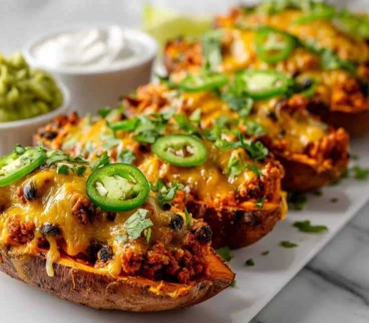 Protein loaded sweet potato boats filled with vegetables and toppings
