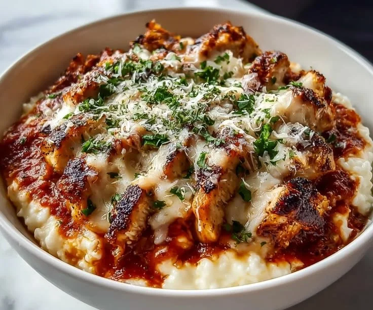 Protein-packed Chicken Parm cottage cheese bowl with herbs and cheese on top