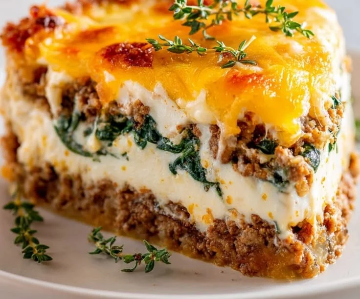 High protein ground turkey casserole topped with cheese and vegetables