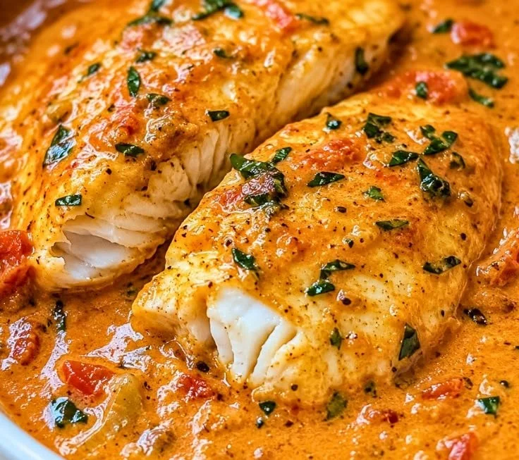 Quick tilapia fillet with roasted pepper sauce on a plate