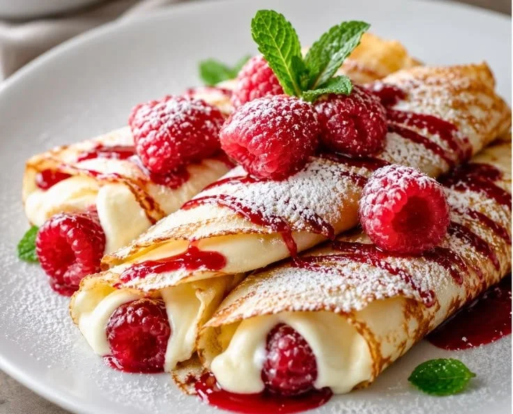 Delicious Raspberry Vanilla Crepes topped with fresh raspberries and whipped cream.