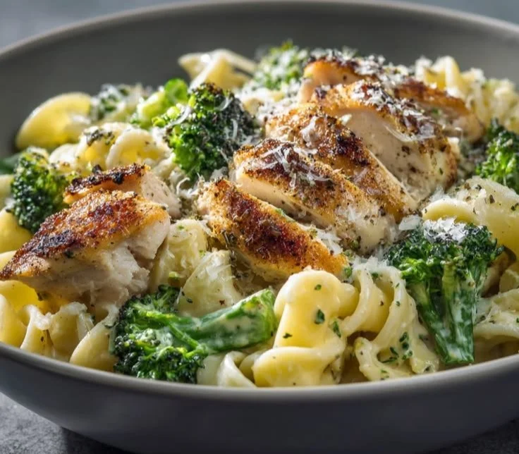 Rotisserie chicken and broccoli pasta dish served in a bowl