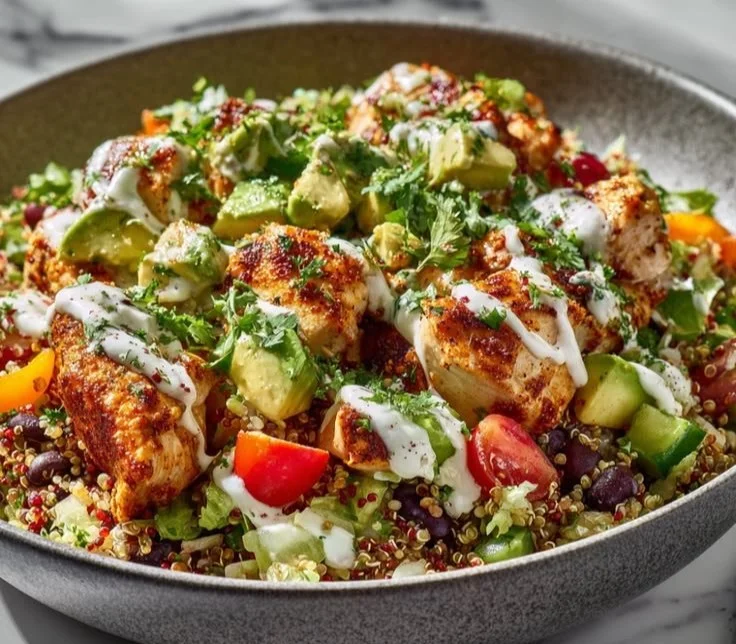 Savory chicken quinoa bowls topped with fresh vegetables and herbs