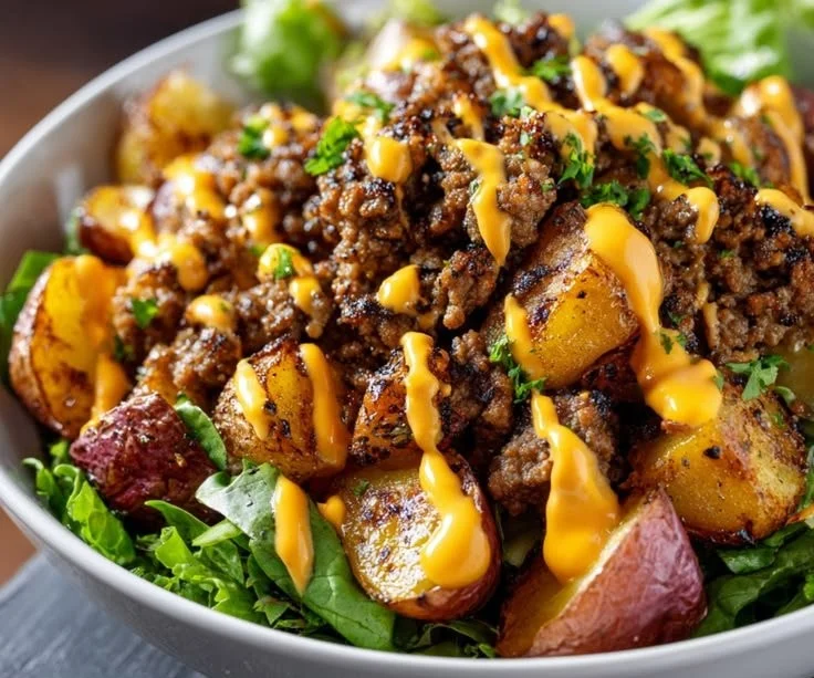 Savory Smash Burger Bowl featuring juicy burger patties, fresh toppings, and savory sauce