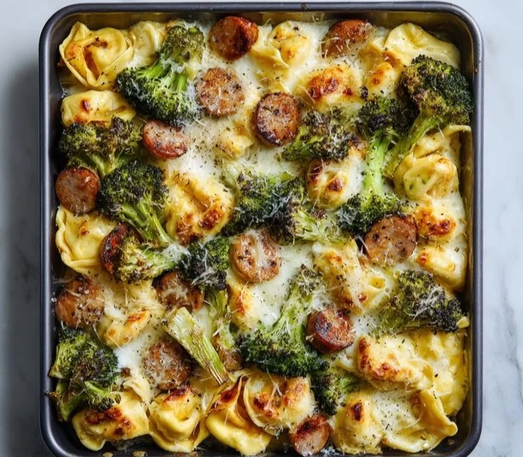 Delicious sheet pan broccoli tortellini bake fresh out of the oven