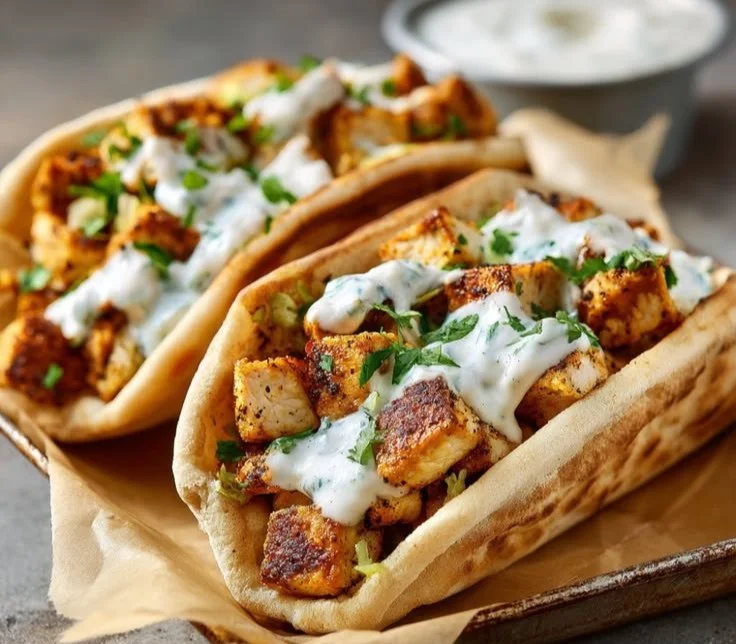 Delicious sheet pan chicken pitas served with fresh vegetables and dips