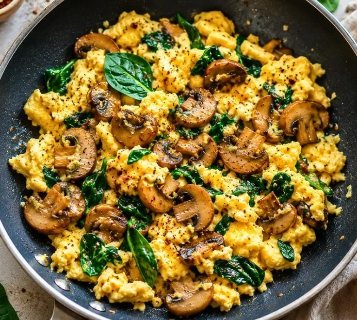 Delicious mushroom spinach scrambled eggs served on a plate for breakfast.