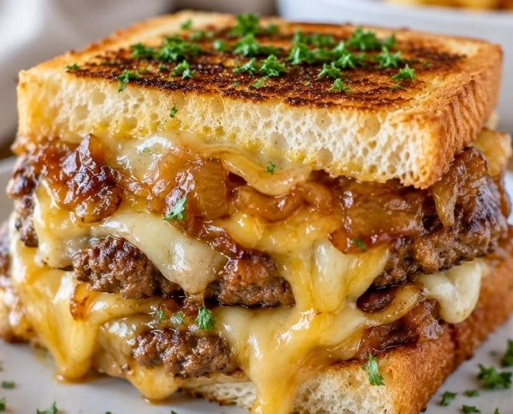 Grilled cheese burger sandwich with melted cheese and juicy patty on toasted bread