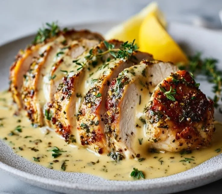 Slow Cooker Lemon Herb Chicken dish seasoned with fresh herbs and lemon.