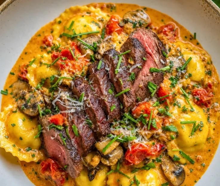 Delicious steak and mushroom ravioli served with a rich sauce