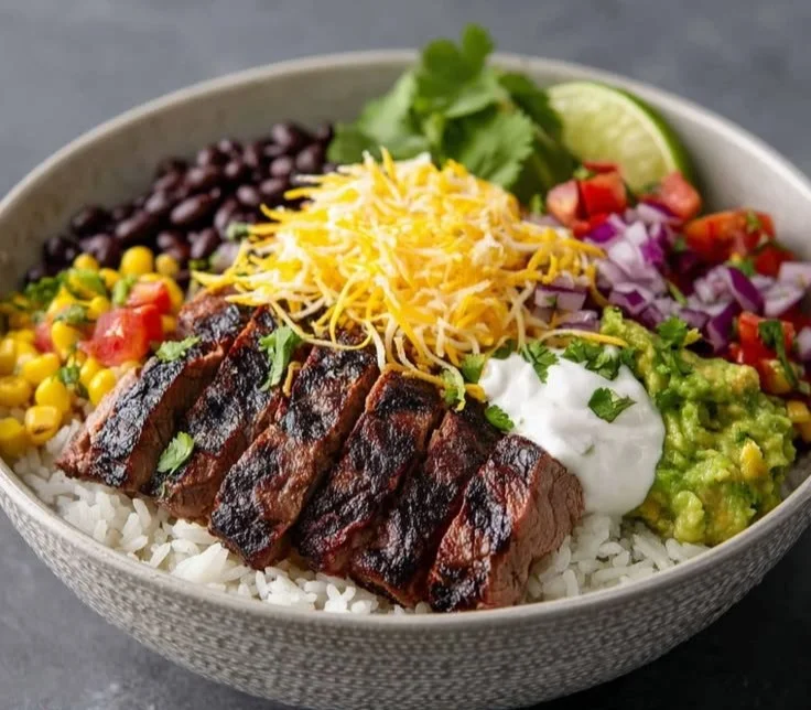 Delicious Steak Burrito Bowl with fresh ingredients and vibrant toppings