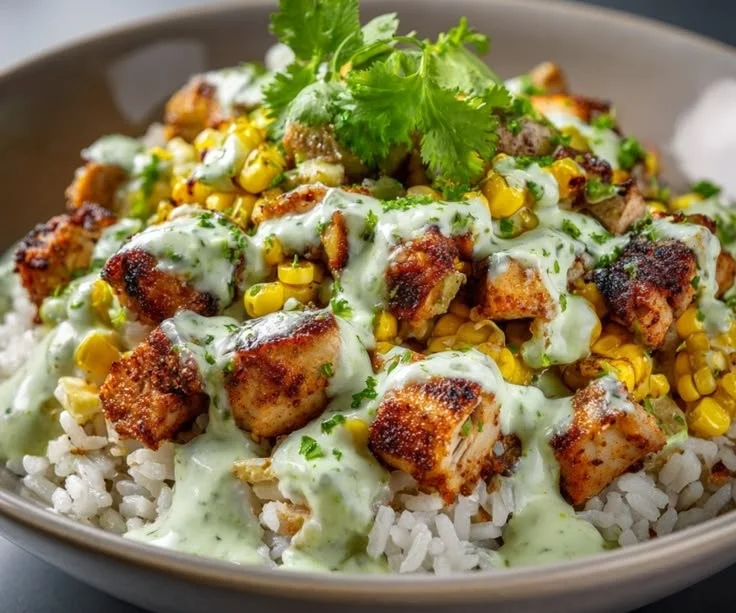Delicious Street Corn Chicken Rice Bowl with corn, chicken, and rice served in a bowl