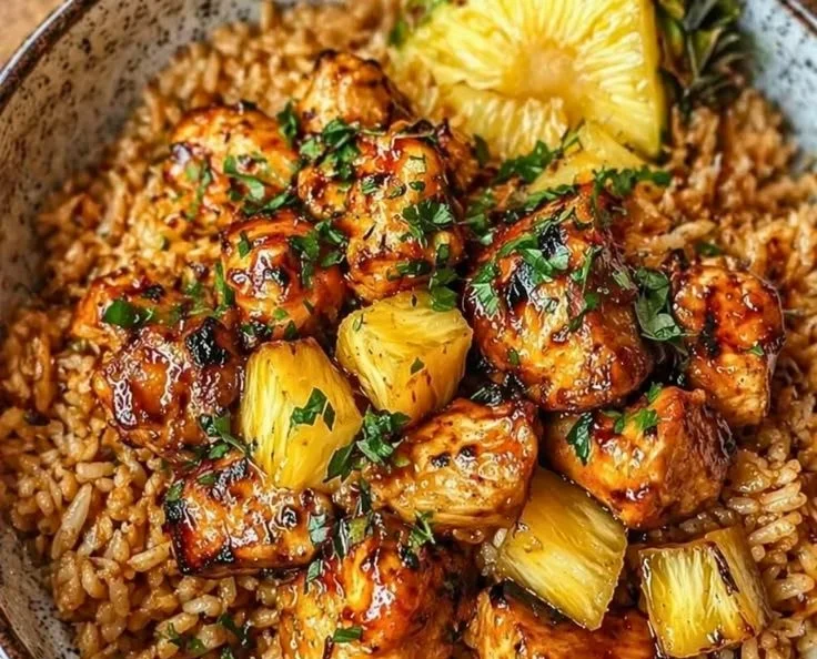 A plate of sunlit Pineapple Chicken and rice showcasing vibrant colors and delicious ingredients.
