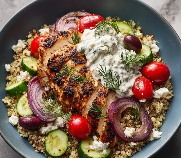 Sunny Greek Chicken Bowls with colorful vegetables and grilled chicken