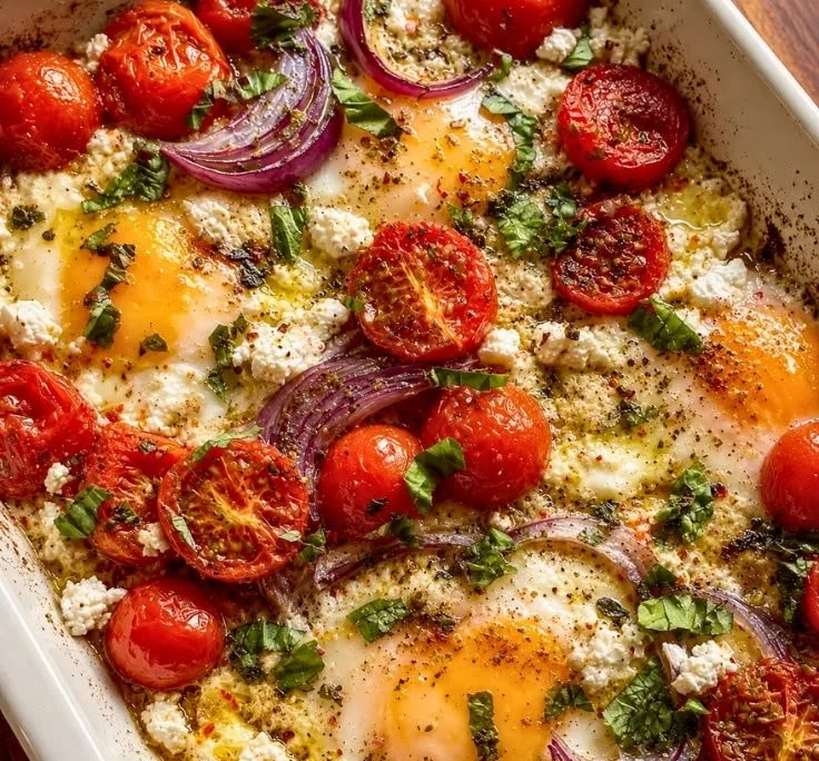 Delicious sunny tomato-feta baked eggs served in a colorful dish