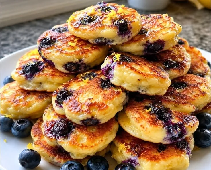 Lemon blueberry cottage cheese pancake bites served on a plate