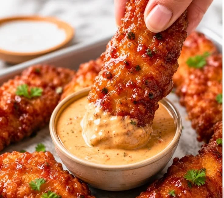 Sweet and spicy sticky chicken tenders served on a plate.