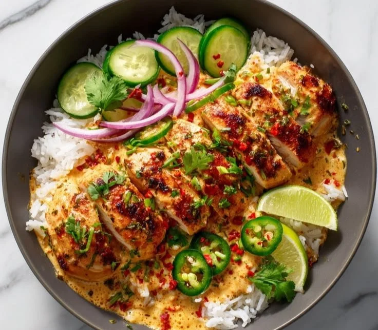 Delicious Sweet Chili Chicken Bowl with vegetables and sauce