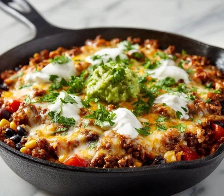 Delicious Taco Skillet with beef, bell peppers, and cheese in a skillet dish