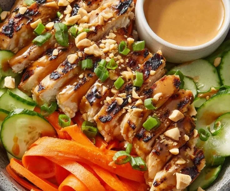 Delicious Thai Peanut Chicken Bowl filled with vibrant flavors and fresh ingredients.