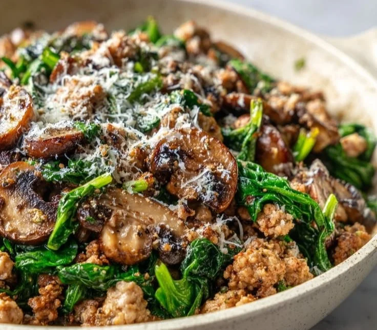 Turkey Spinach Mushroom Skillet dish served in a pan