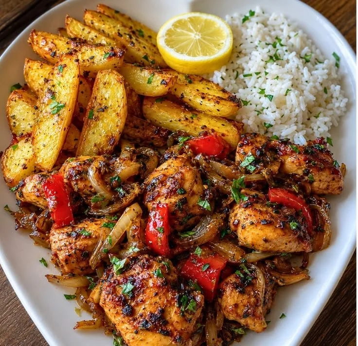 Plate of Caribbean-Style Herb Chicken with rice and rustic potato wedges