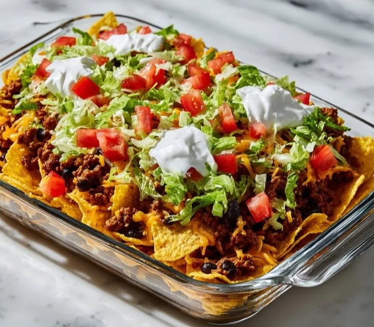 Delicious Walking Taco Casserole served in a colorful dish