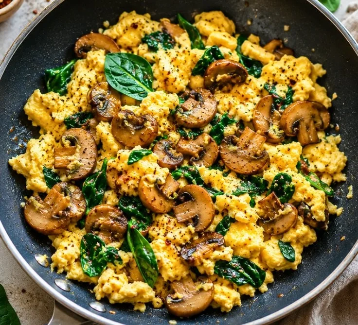 Quick mushroom spinach scrambled eggs served on a plate