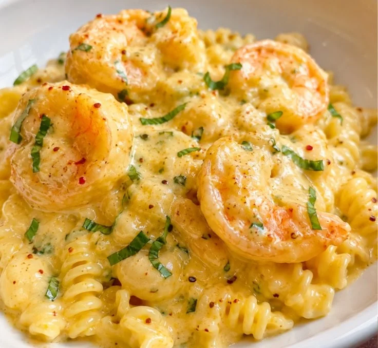 Plate of creamy garlic basil pasta garnished with fresh basil and garlic