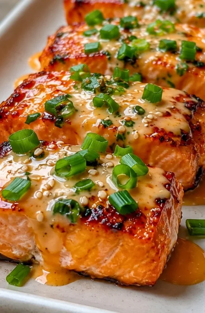 Plate of Baked Bang Bang Salmon garnished with herbs