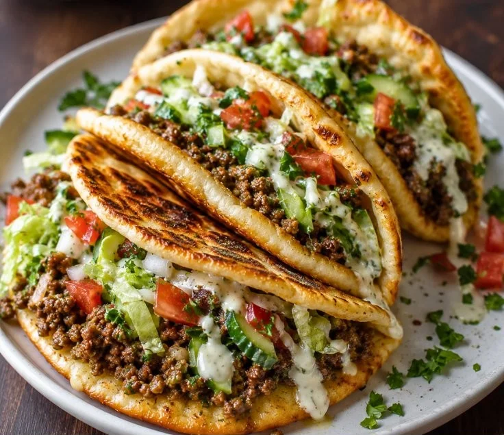 Mediterranean beef pita pockets filled with seasoned beef and fresh veggies.
