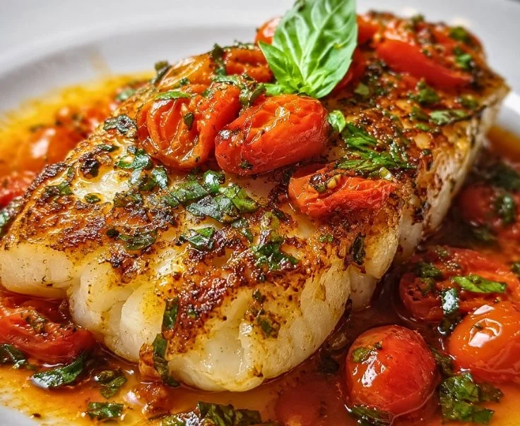 30-Minute Mediterranean cod in tomato basil sauce served on a plate