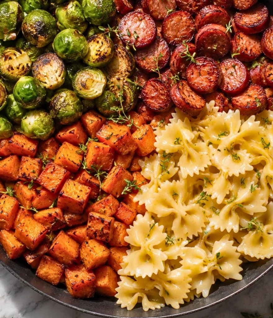 Cozy sausage pasta with Brussels sprouts and roasted butternut squash in a bowl