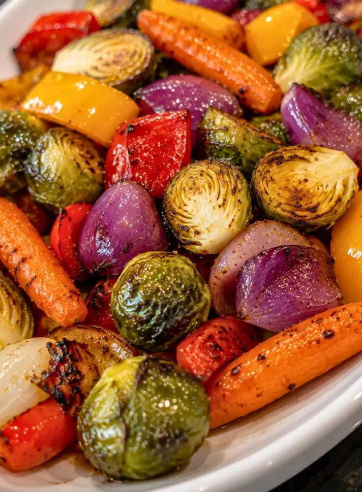 Balsamic glazed roasted vegetables on a serving platter