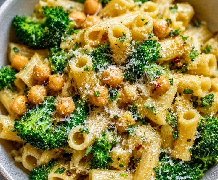 Bright Broccoli Chickpea Pasta in a bowl, showcasing its vibrant colors and healthy ingredients.