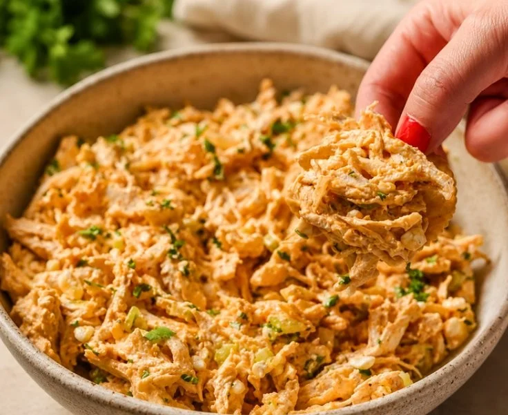 Buffalo-boosted high-protein chicken salad with cottage cheese in a colorful bowl