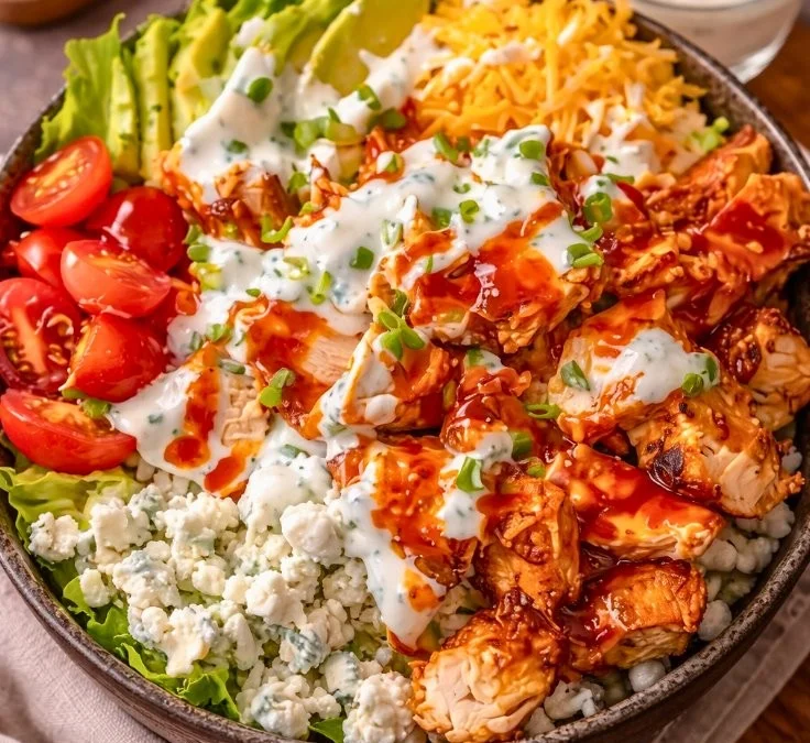 Buffalo Chicken Protein Bowl with colorful vegetables and spicy sauce