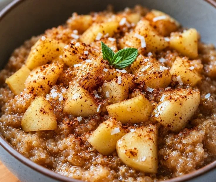 Bowl of Cinnamon Apple Breakfast Quinoa topped with fresh apples and cinnamon