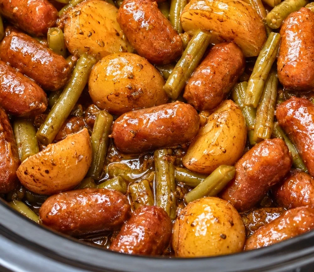 Cozy crockpot potatoes with green beans and beef sausages in a one-pot meal