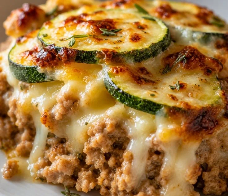 Delicious turkey zucchini casserole baked in a golden dish, perfect for family meals.