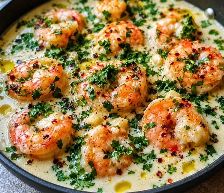 Creamy coconut garlic shrimp served on a plate with fresh herbs