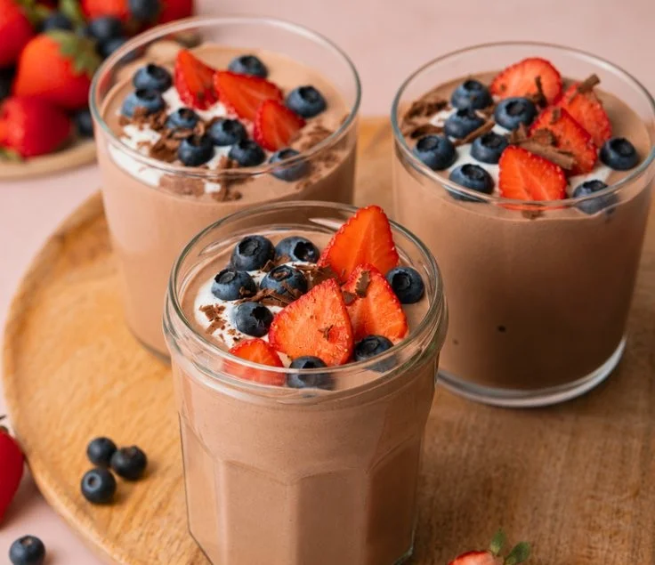 Creamy high-protein chocolate pudding topped with fresh berries