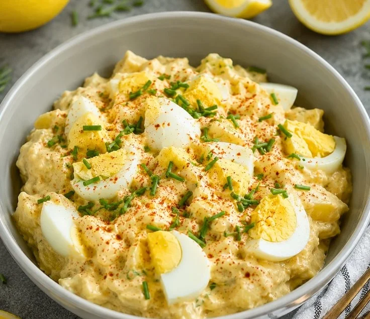 Creamy high-protein egg salad with Greek yogurt served in a bowl