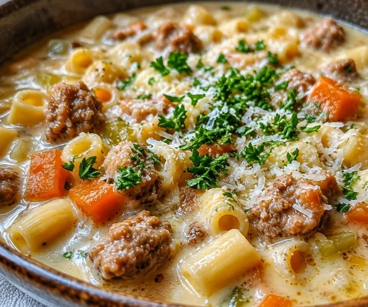 Creamy Parmesan Italian sausage ditalini soup in a bowl.