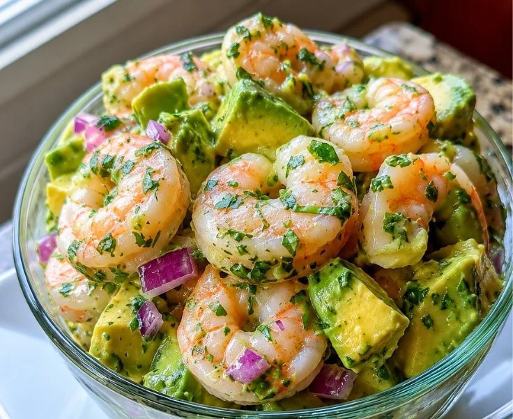 Creamy shrimp avocado salad with fresh ingredients served in a bowl.